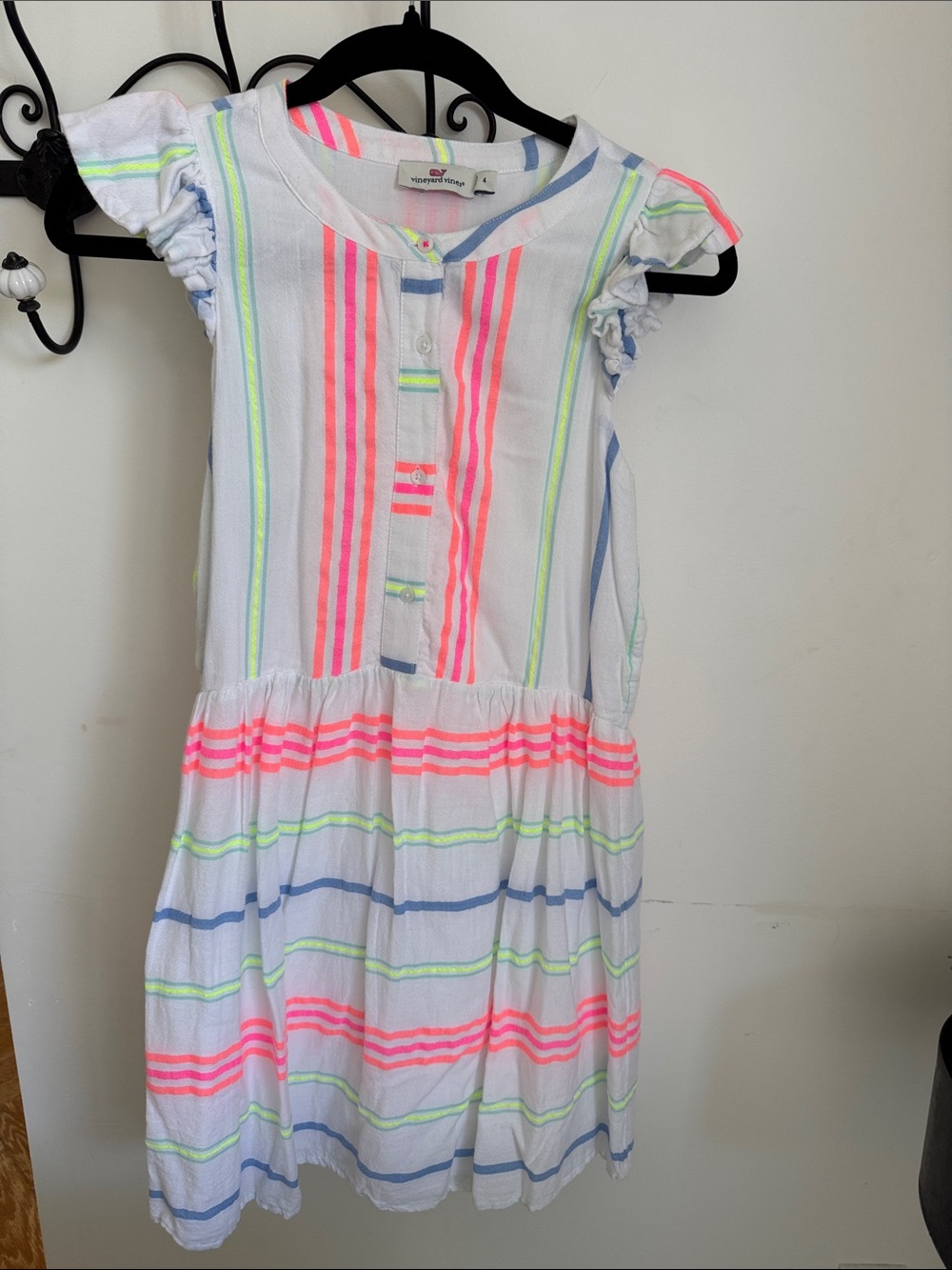 Vineyard Vines Womens Size 4 White Neon Stripe Flutter Sleeve Dress